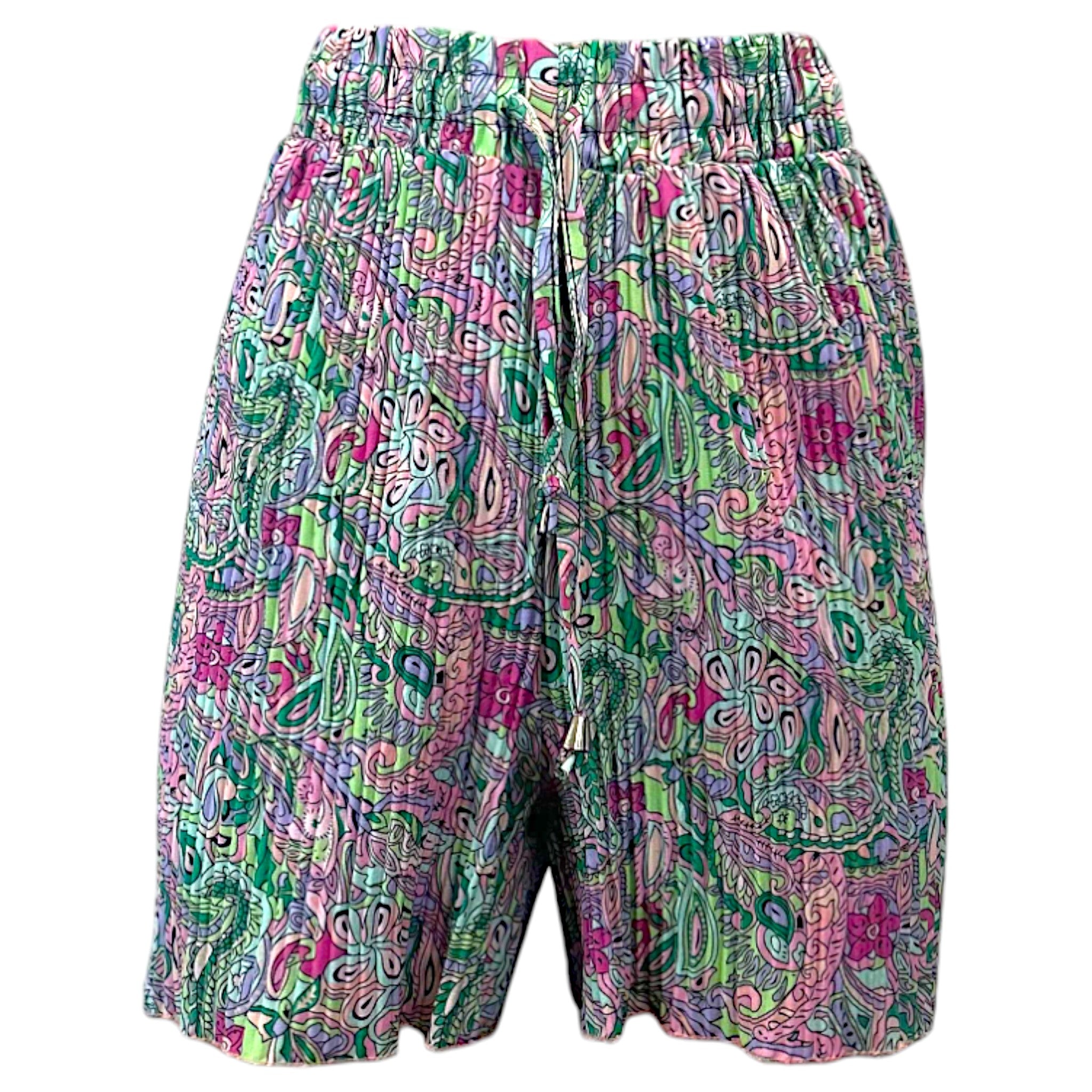 Women's multicolour paisley print shorts with elasticated waist and drawstring tie, lightweight summer casual shorts
